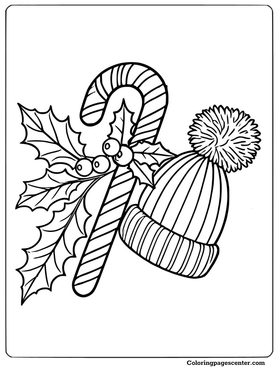 Winter hat and candy cane with holly leaves coloring page