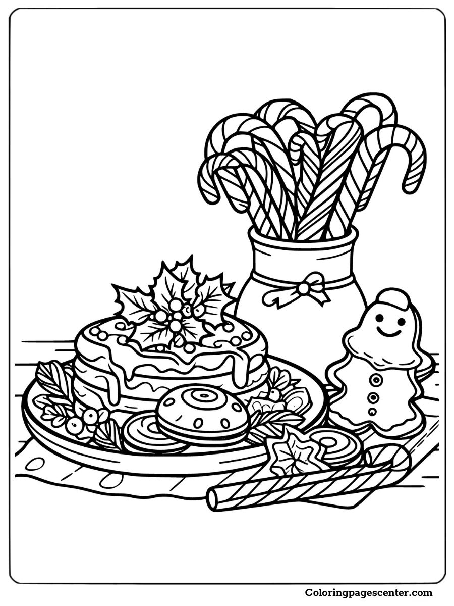 Holiday treats with candy canes in a festive coloring page