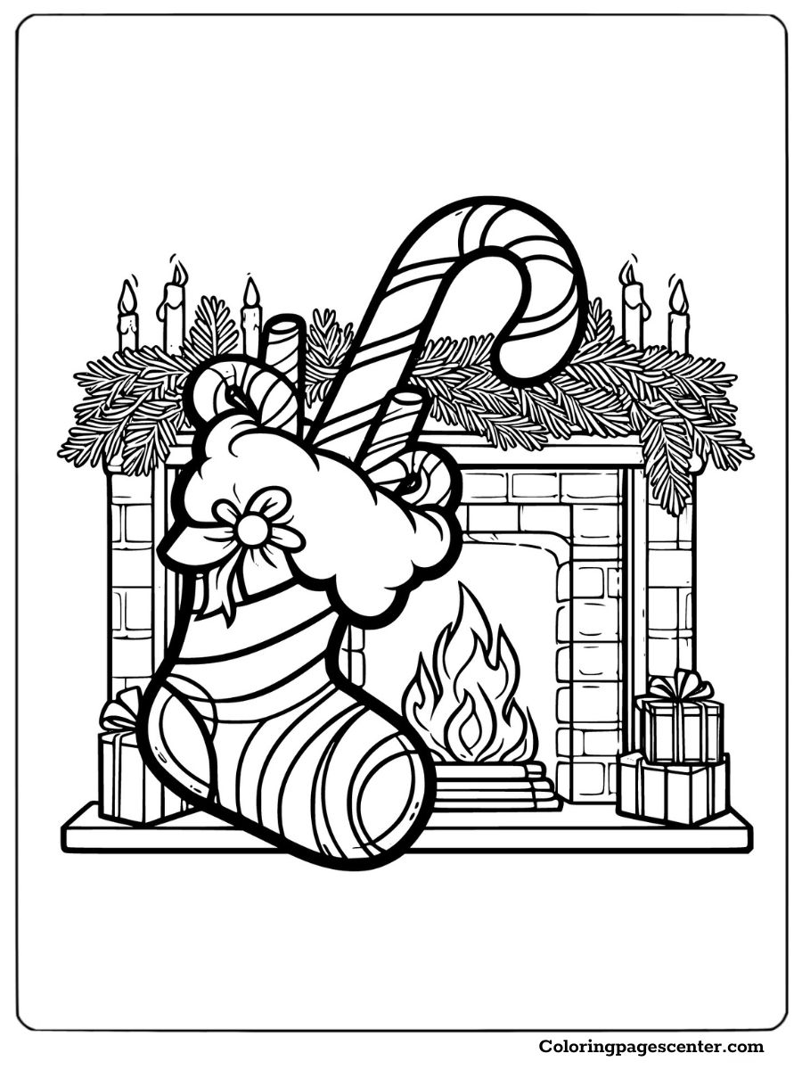 Christmas stocking and candy cane coloring page