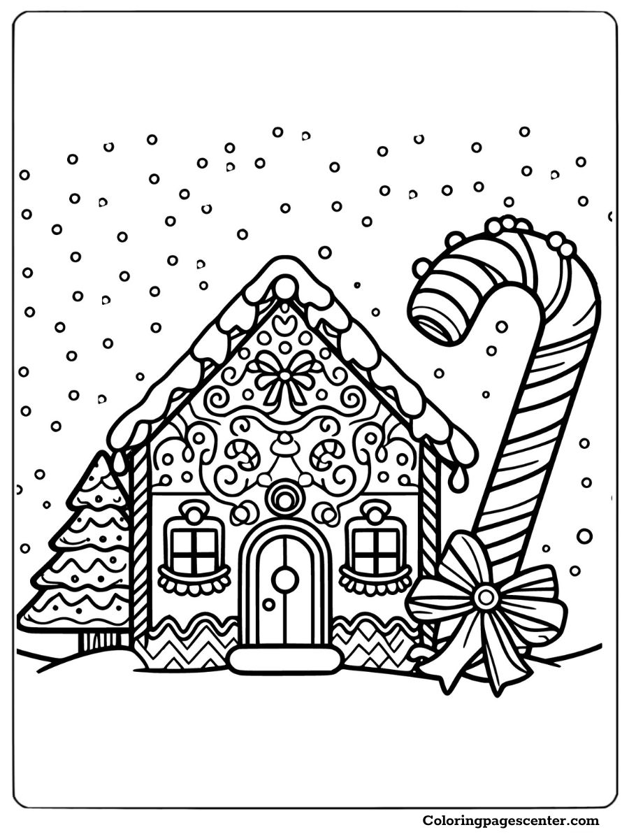 Gingerbread house with a large candy cane to color