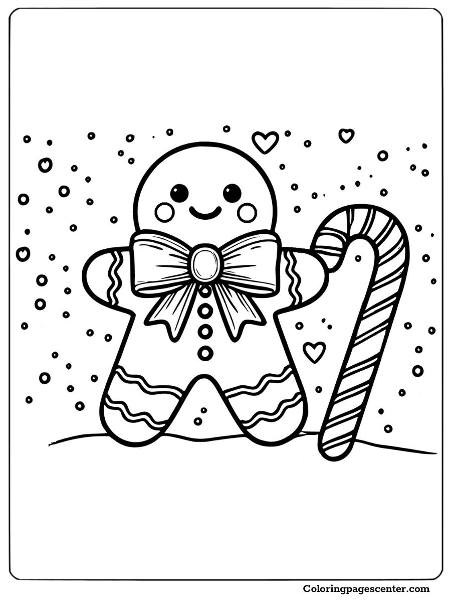 Smiling gingerbread man holding a candy cane