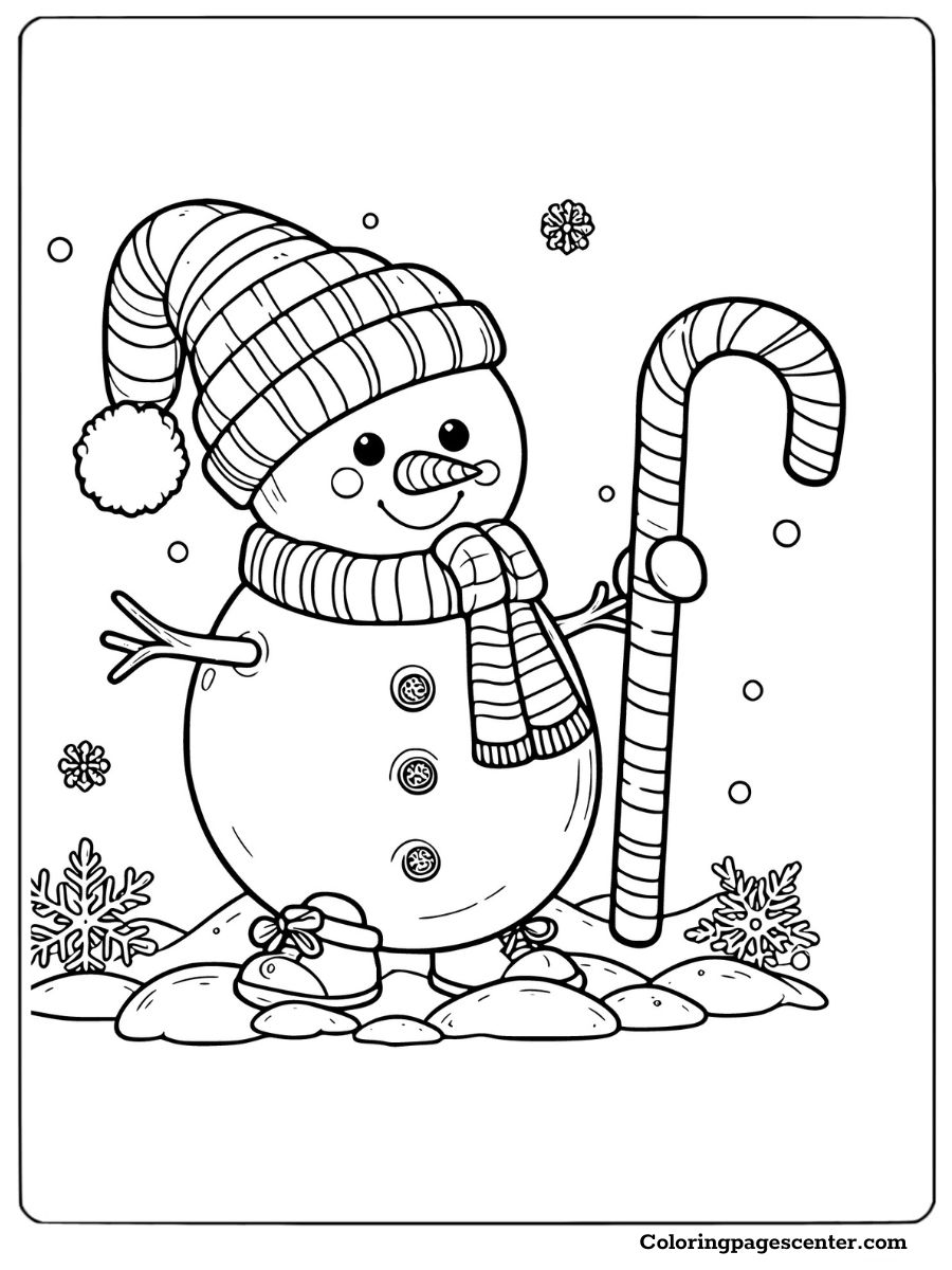 Cute snowman holding a candy cane to color