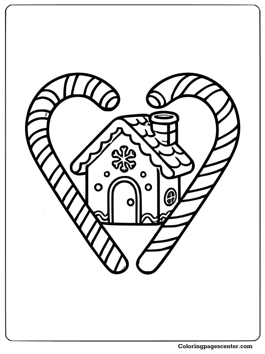 Gingerbread house framed by candy cane heart coloring page