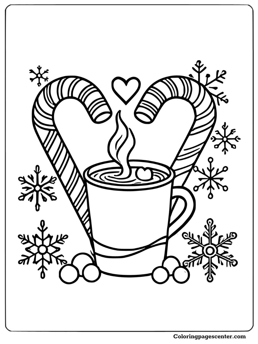 Hot cocoa with candy cane heart and snowflakes coloring page