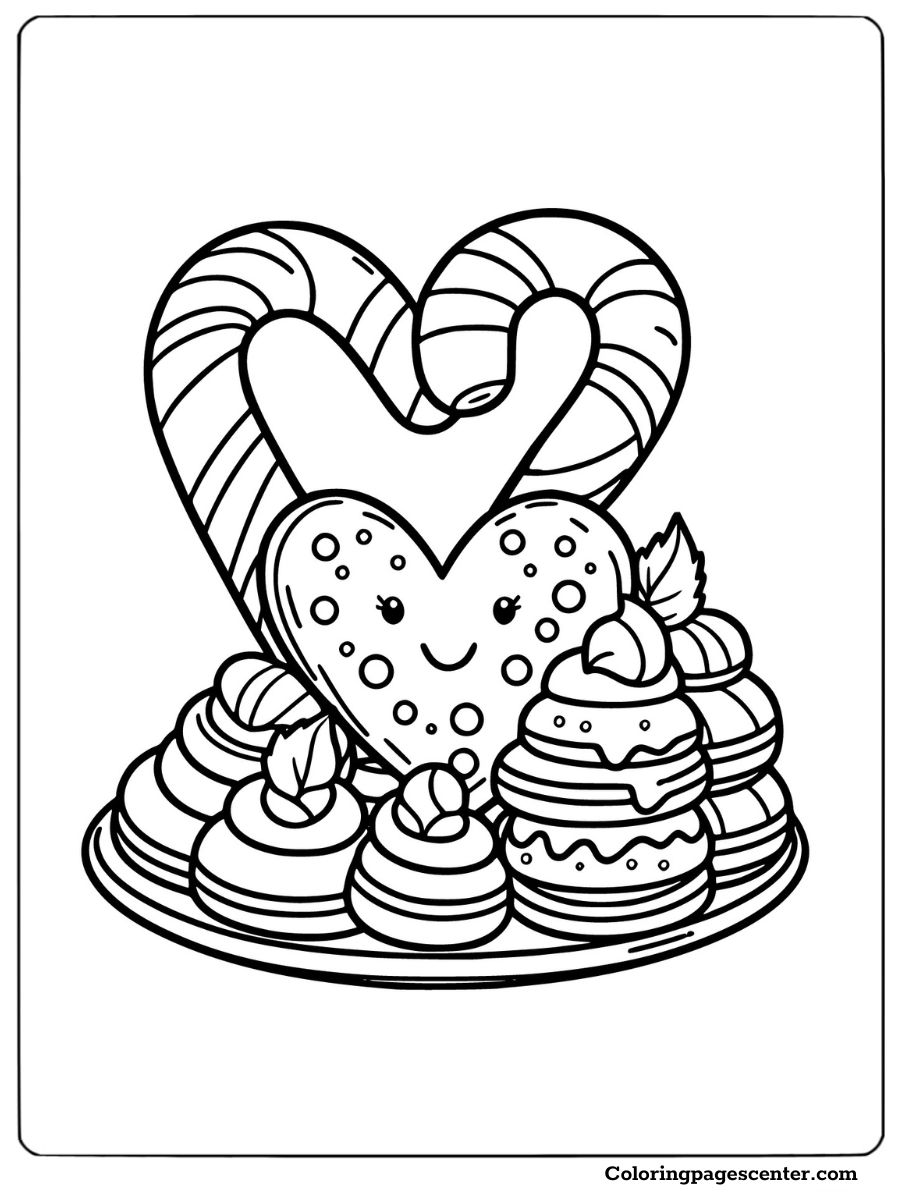 Candy cane heart with desserts and treats coloring page