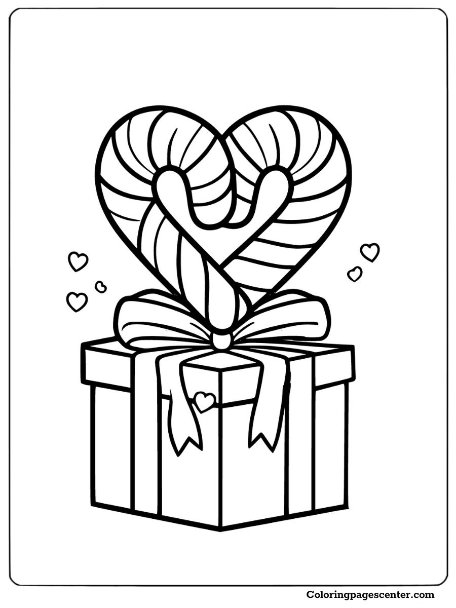 Gift box topped with a candy cane heart coloring page