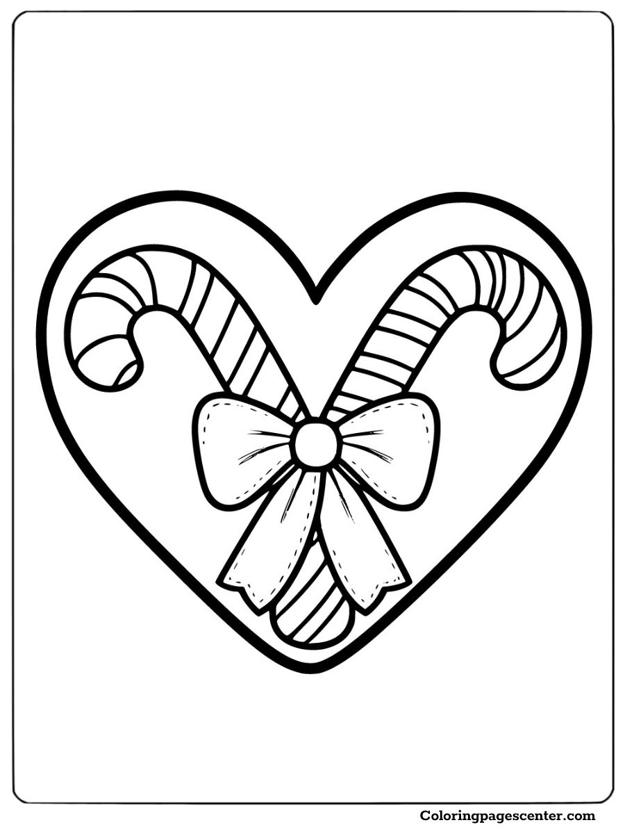 Decorative bow on a candy cane heart coloring page