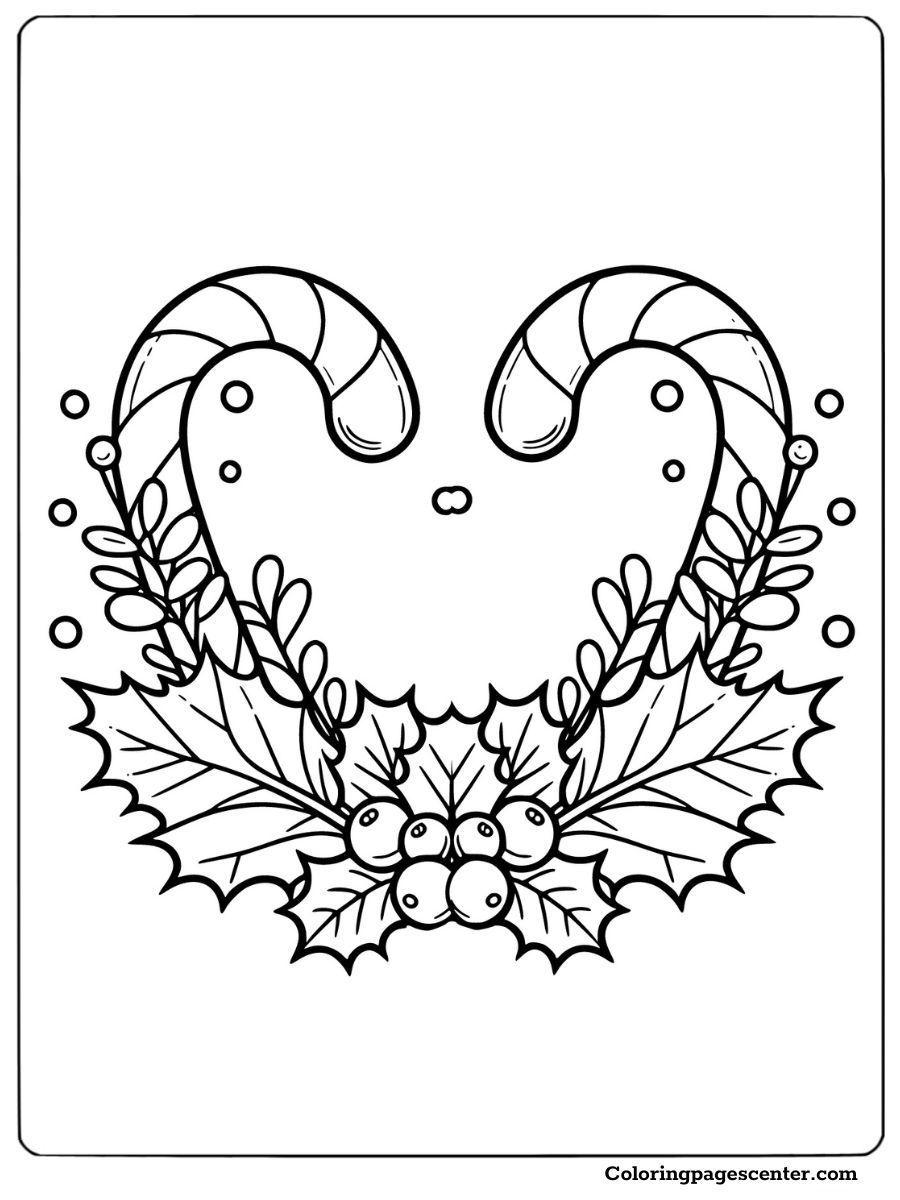 Coloring page featuring candy cane heart and holly leaves