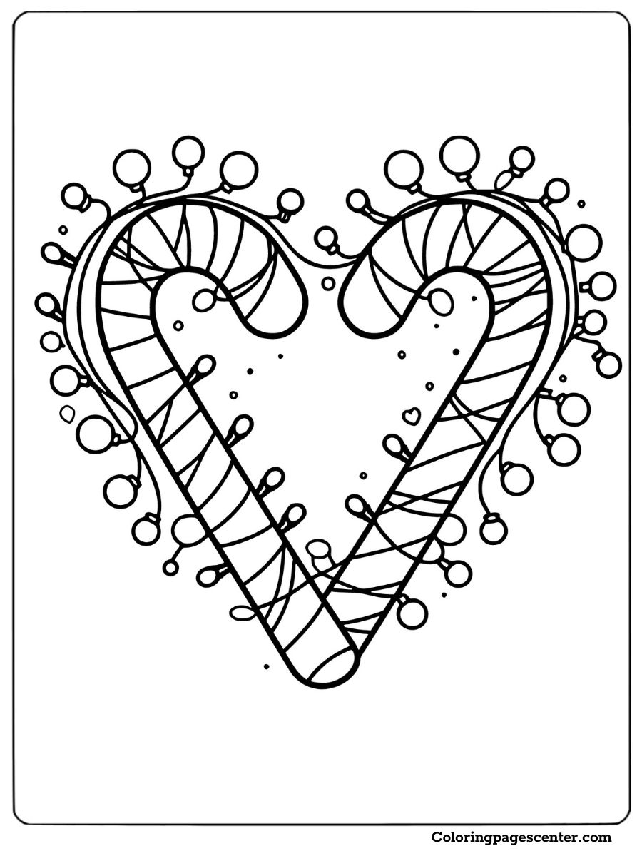 Coloring page featuring a candy cane heart with lights