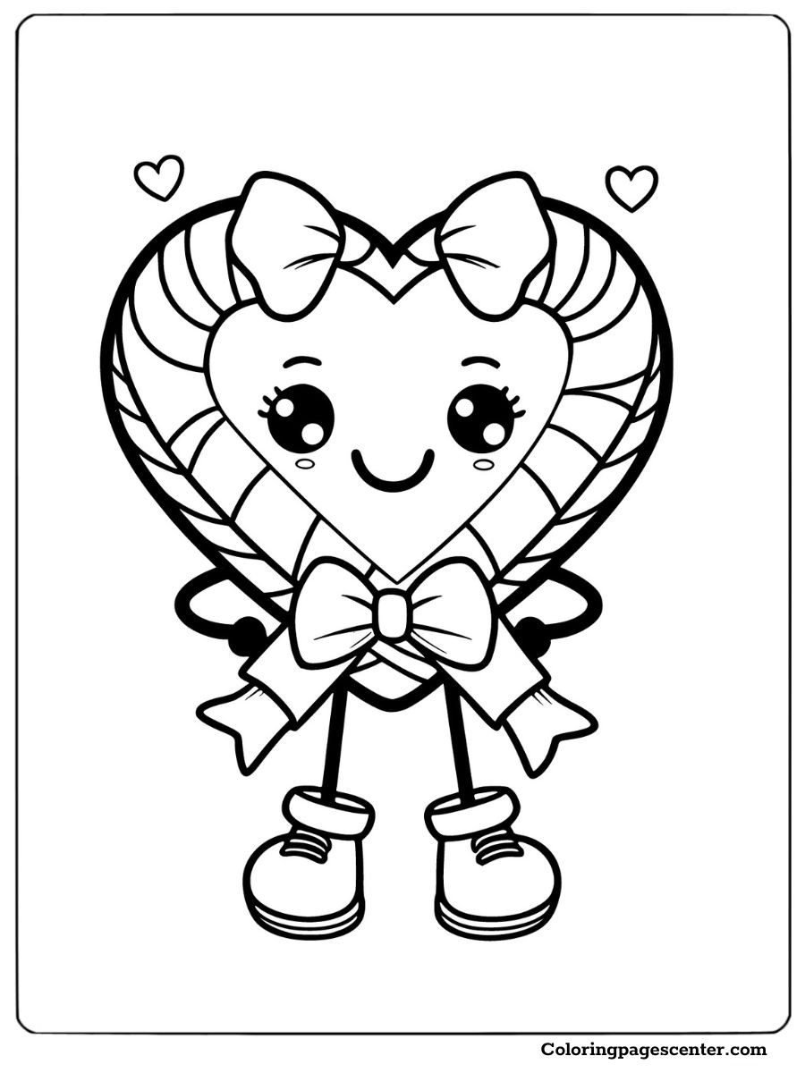 Candy cane heart with cute bow and smiling face coloring page