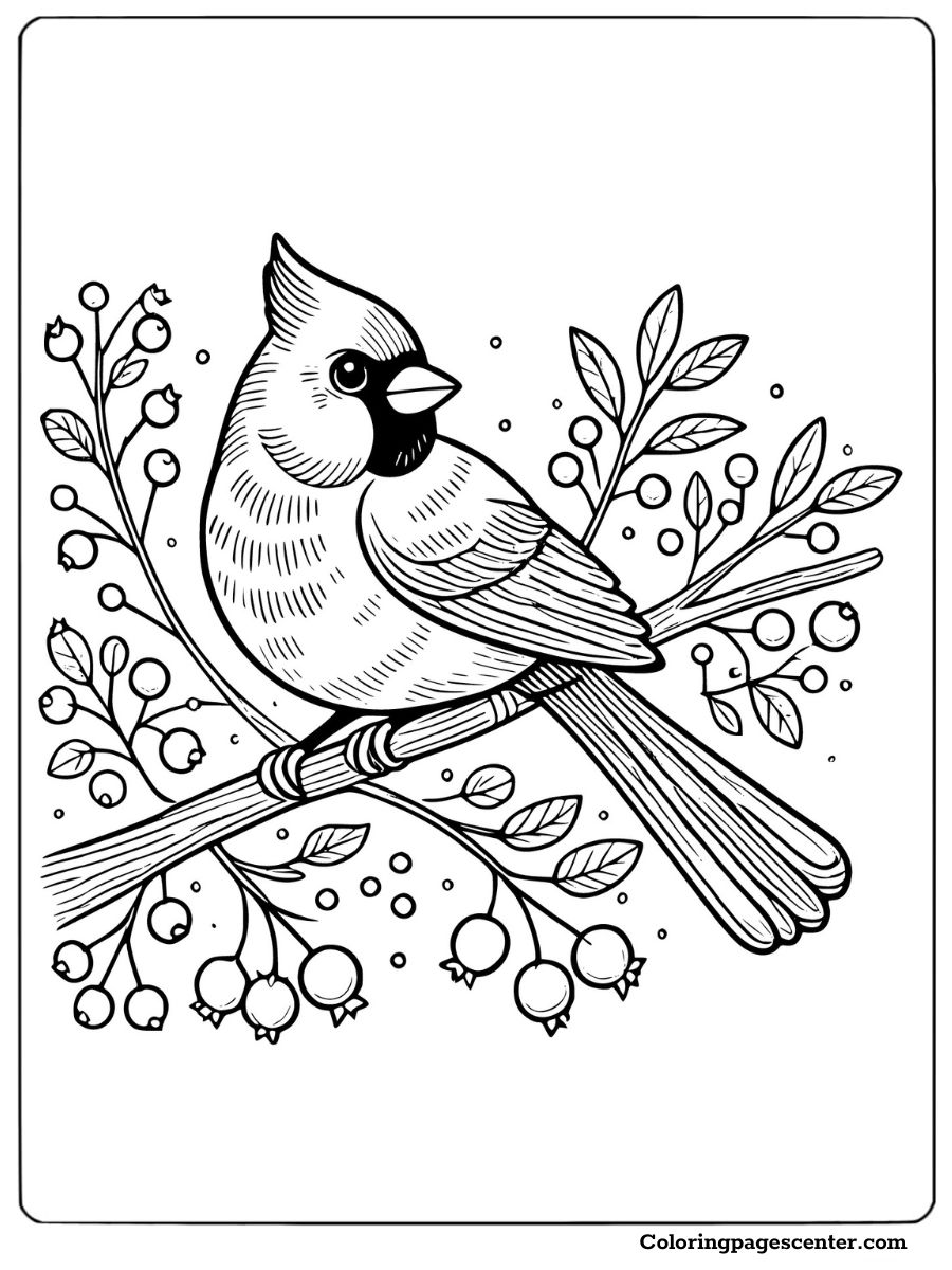 Coloring page of a cardinal bird on a branch with berries