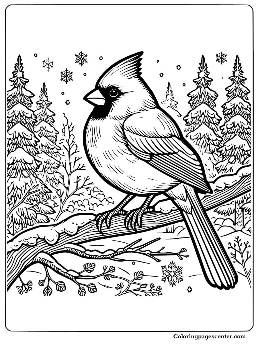 Cardinal bird in a snowy forest with falling snowflakes coloring page