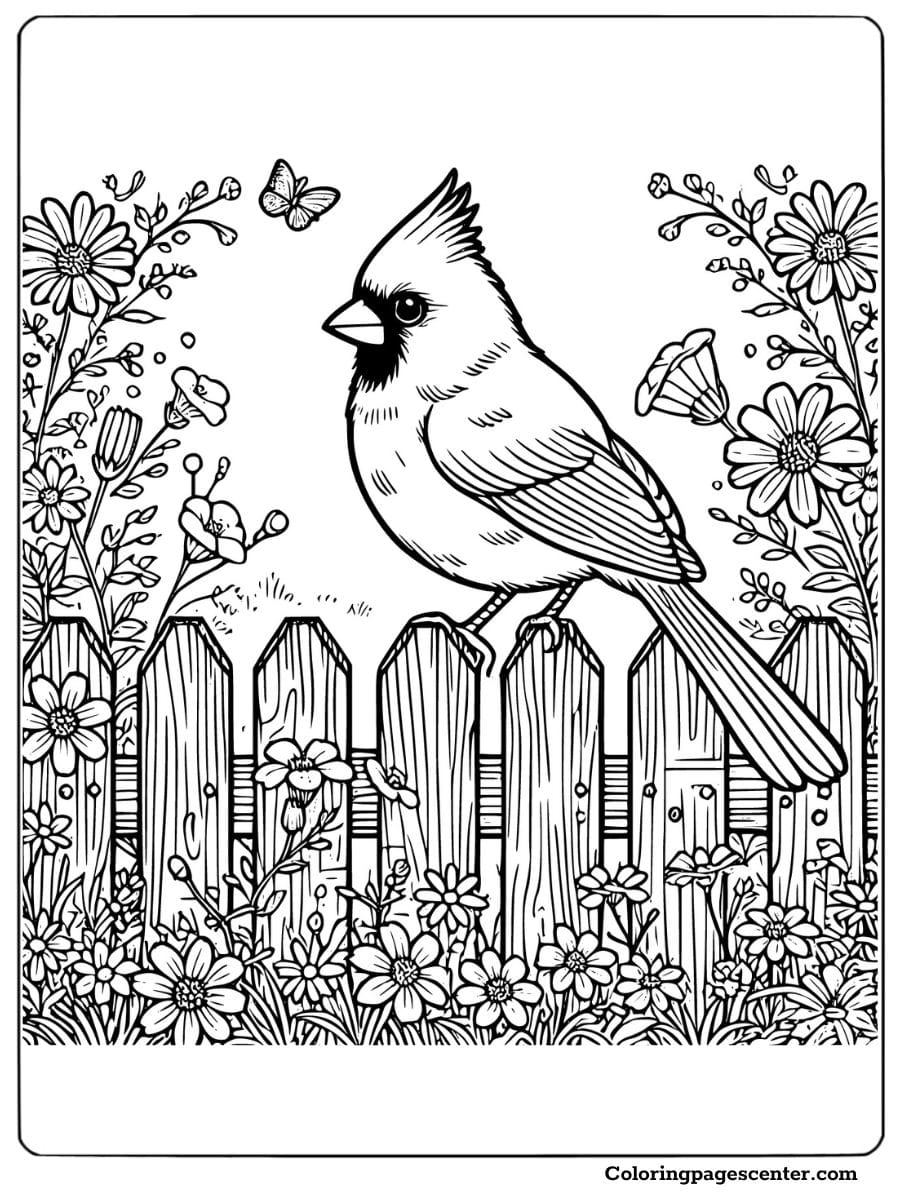 Cardinal bird sitting on a wooden fence with flowers coloring page