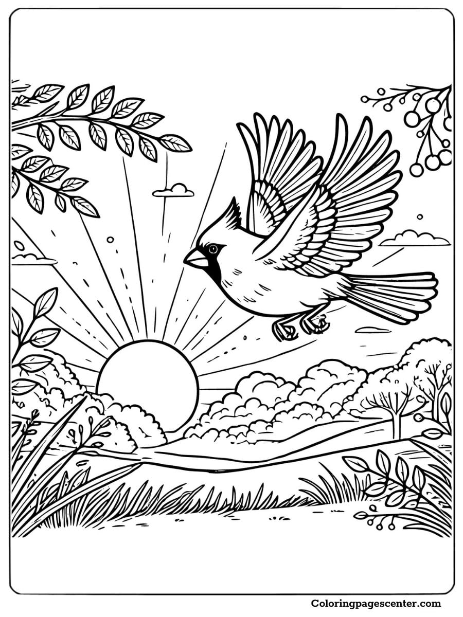 Coloring page of a cardinal bird flying with the sunrise