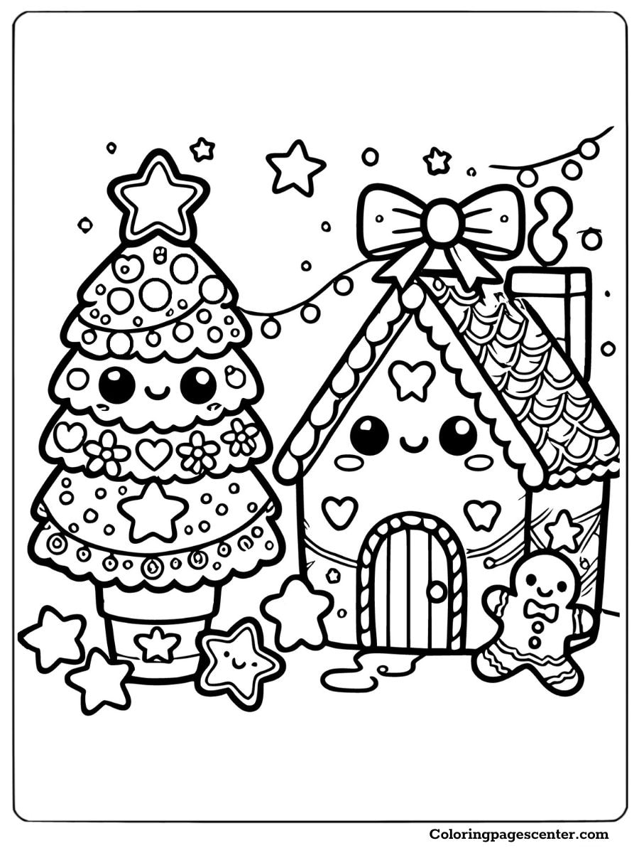 Cartoon Christmas tree with a gingerbread house coloring page