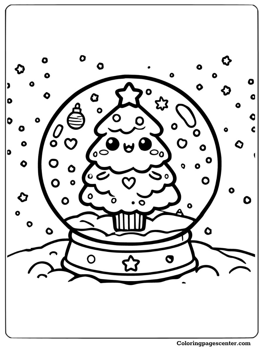 Cartoon Christmas tree inside a snow globe coloring page