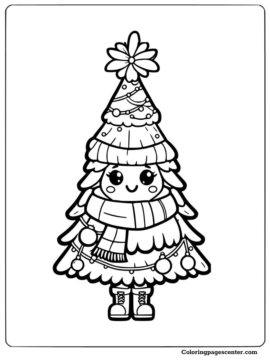 Cartoon Christmas tree with scarf and hat coloring page