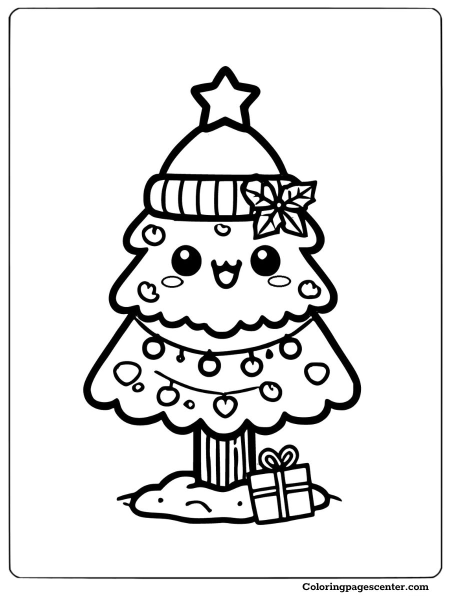 Cartoon Christmas tree with a gift coloring page