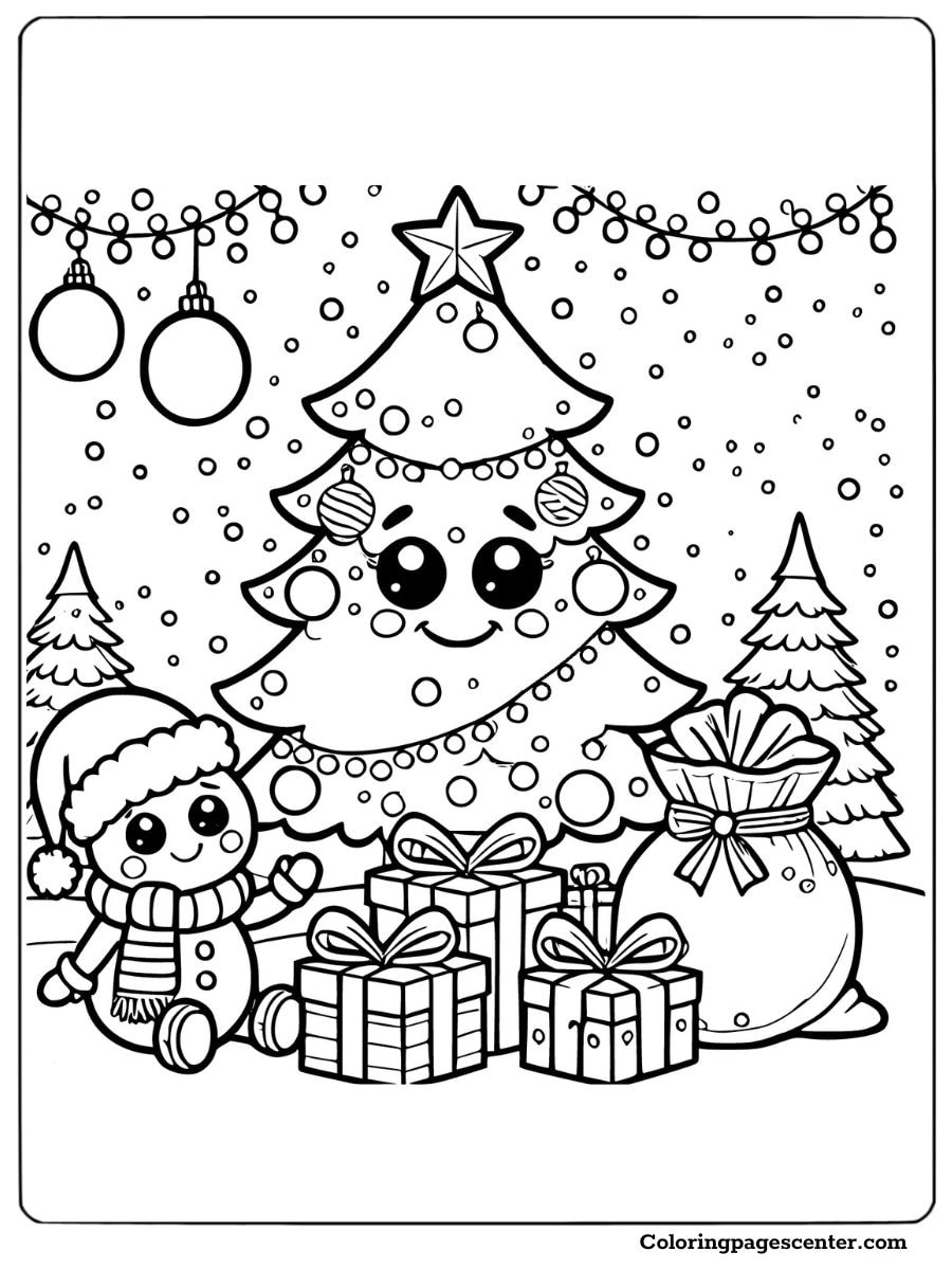 Cartoon Christmas tree surrounded by gifts coloring page