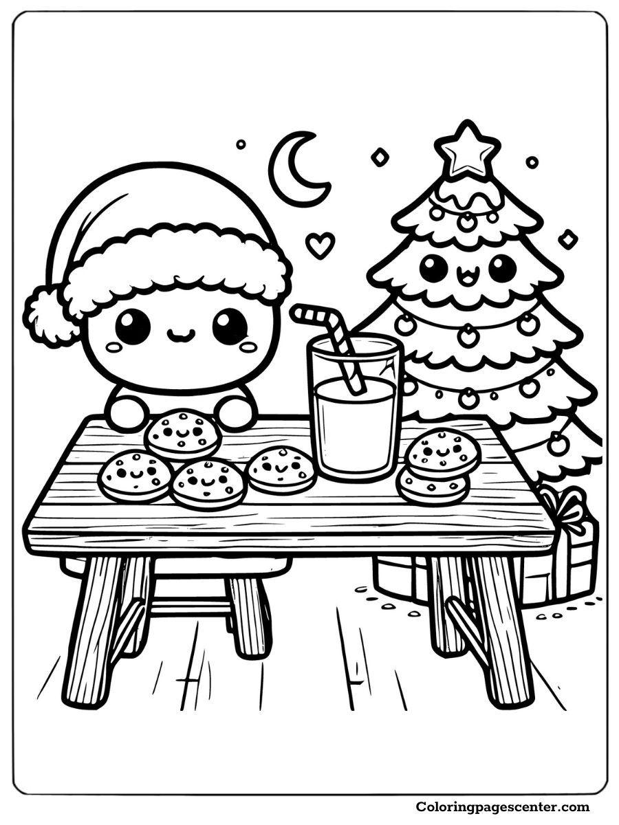 Santa and cookies near cartoon Christmas tree coloring page