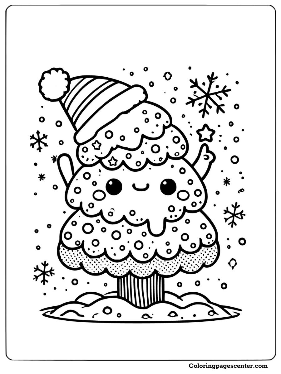 Smiling cartoon Christmas tree in Santa hat coloring page