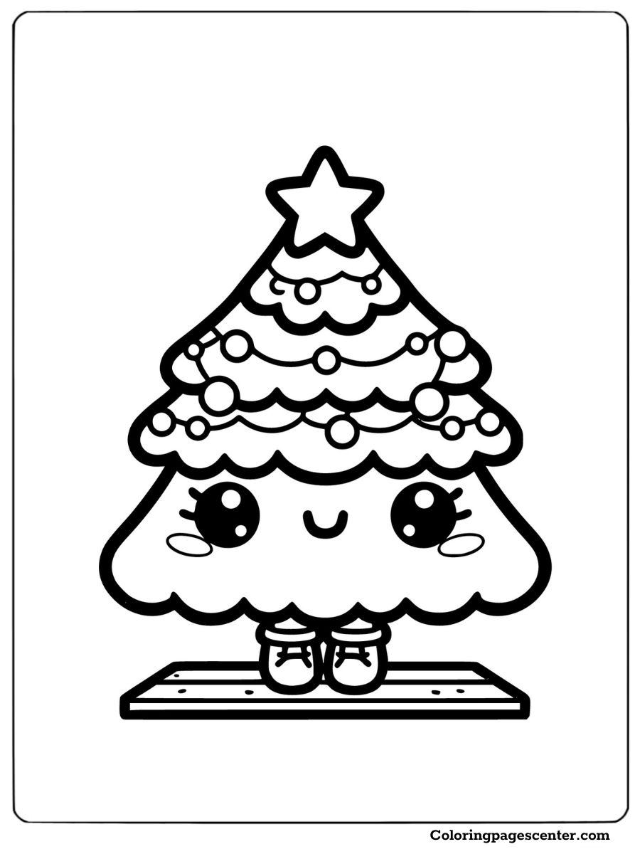 Adorable cartoon Christmas tree with star on top coloring page