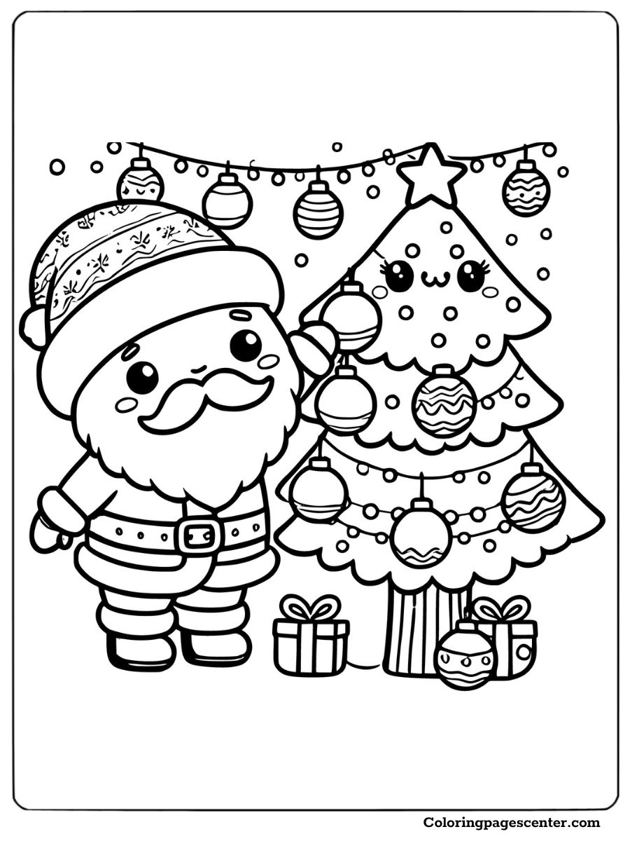 Santa Claus decorating cartoon Christmas tree coloring page