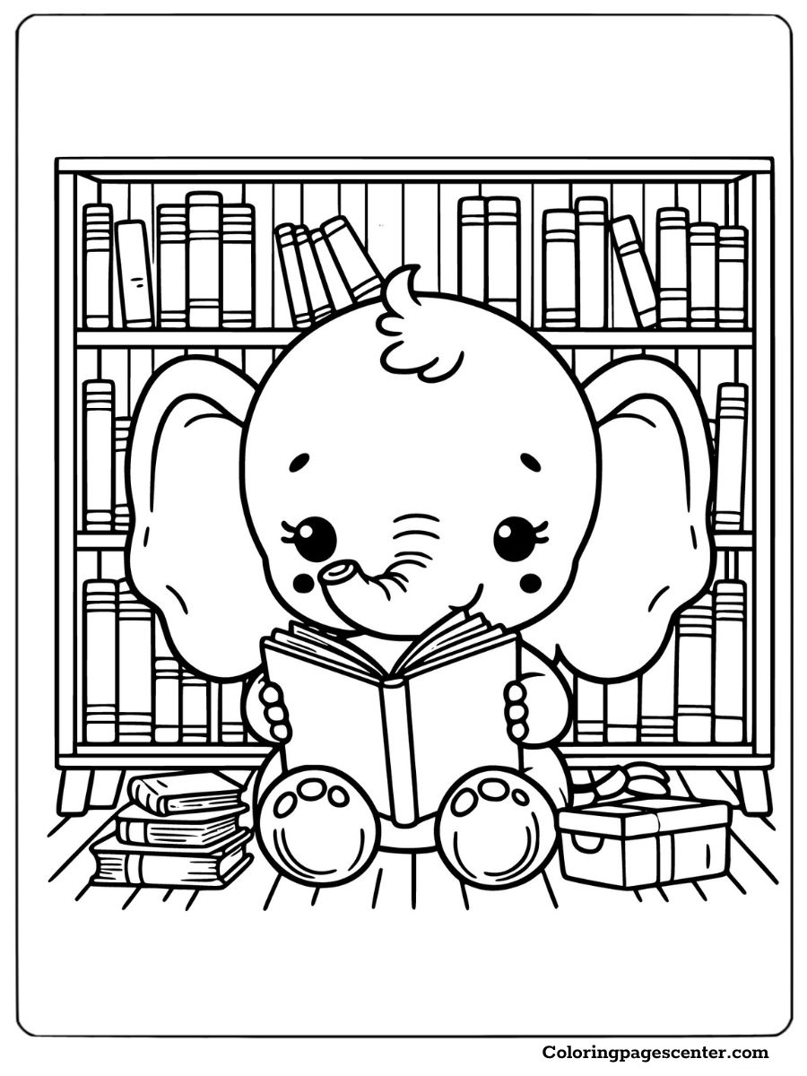 Adorable cartoon elephant reading books in a library coloring page