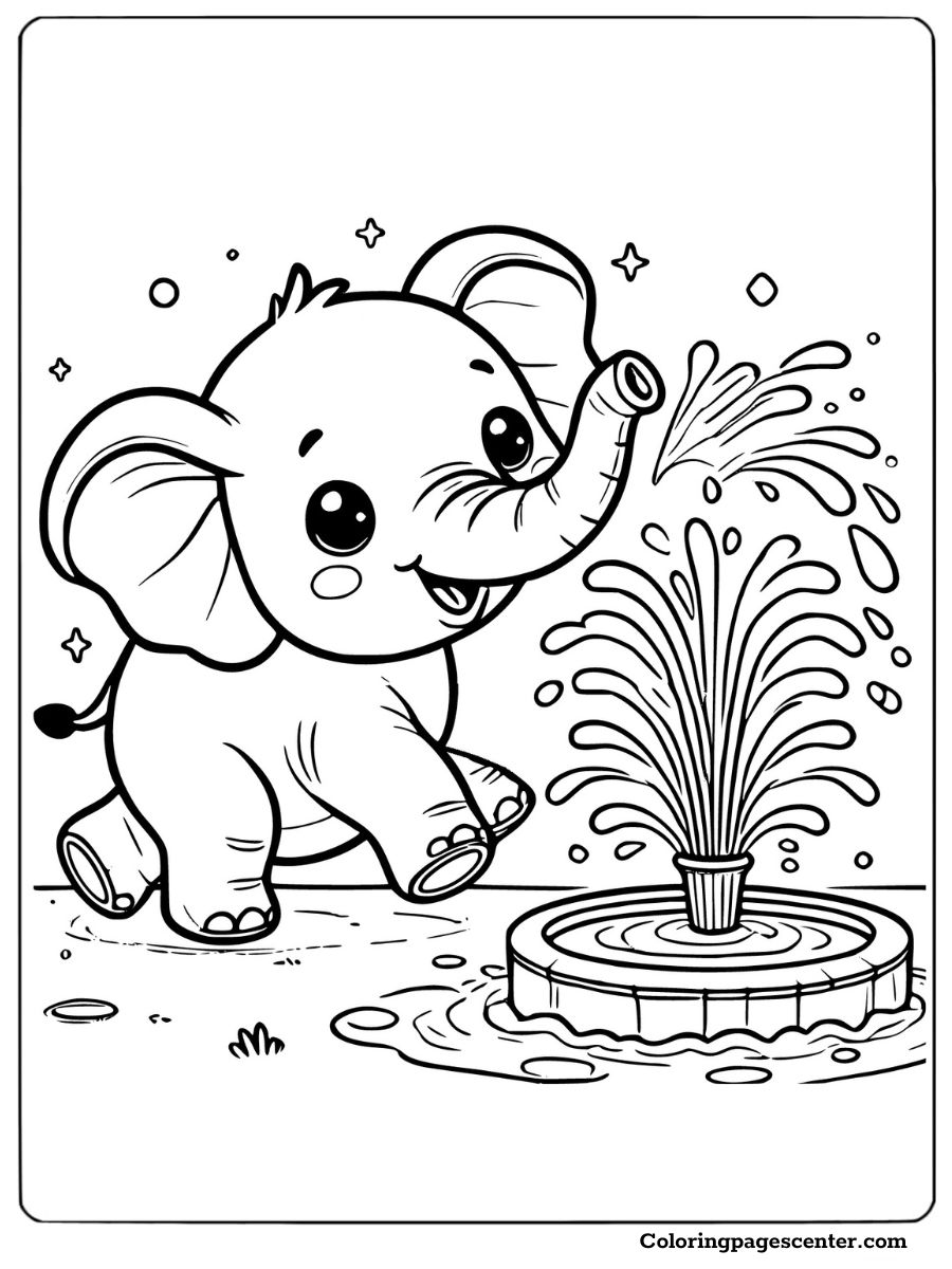 Cute baby elephant splashing water at the fountain coloring page