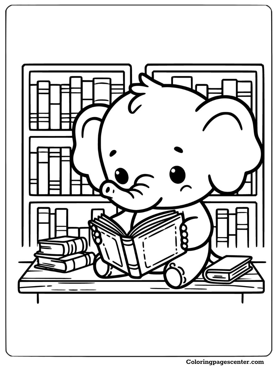 Happy baby elephant sitting on the floor reading a book coloring page