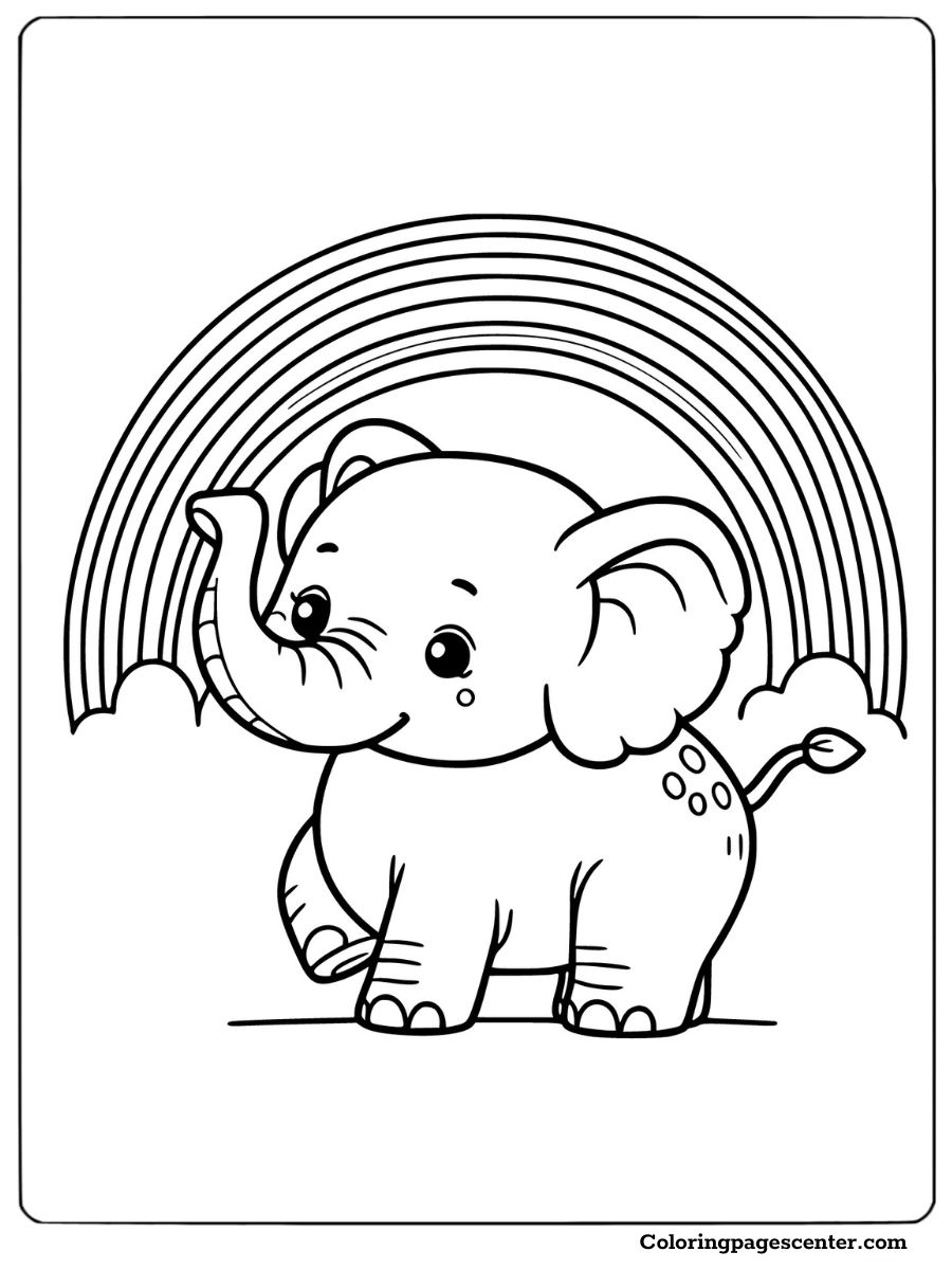 Playful cartoon elephant standing under a colorful rainbow coloring page