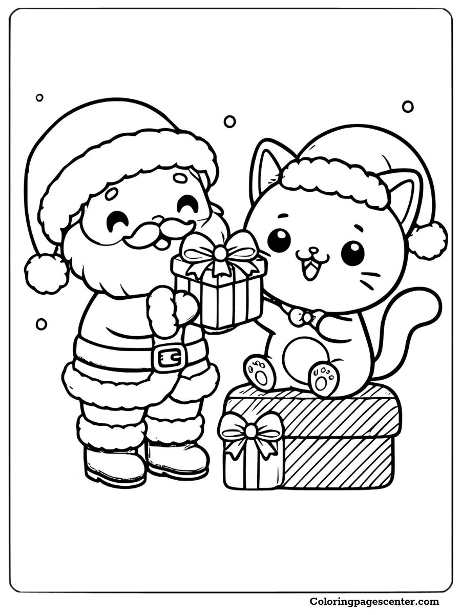 Cartoon Santa gifting a present to a cute cat coloring page