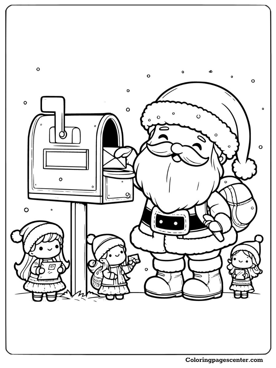 Cartoon Santa delivering letters to a mailbox with kids coloring page