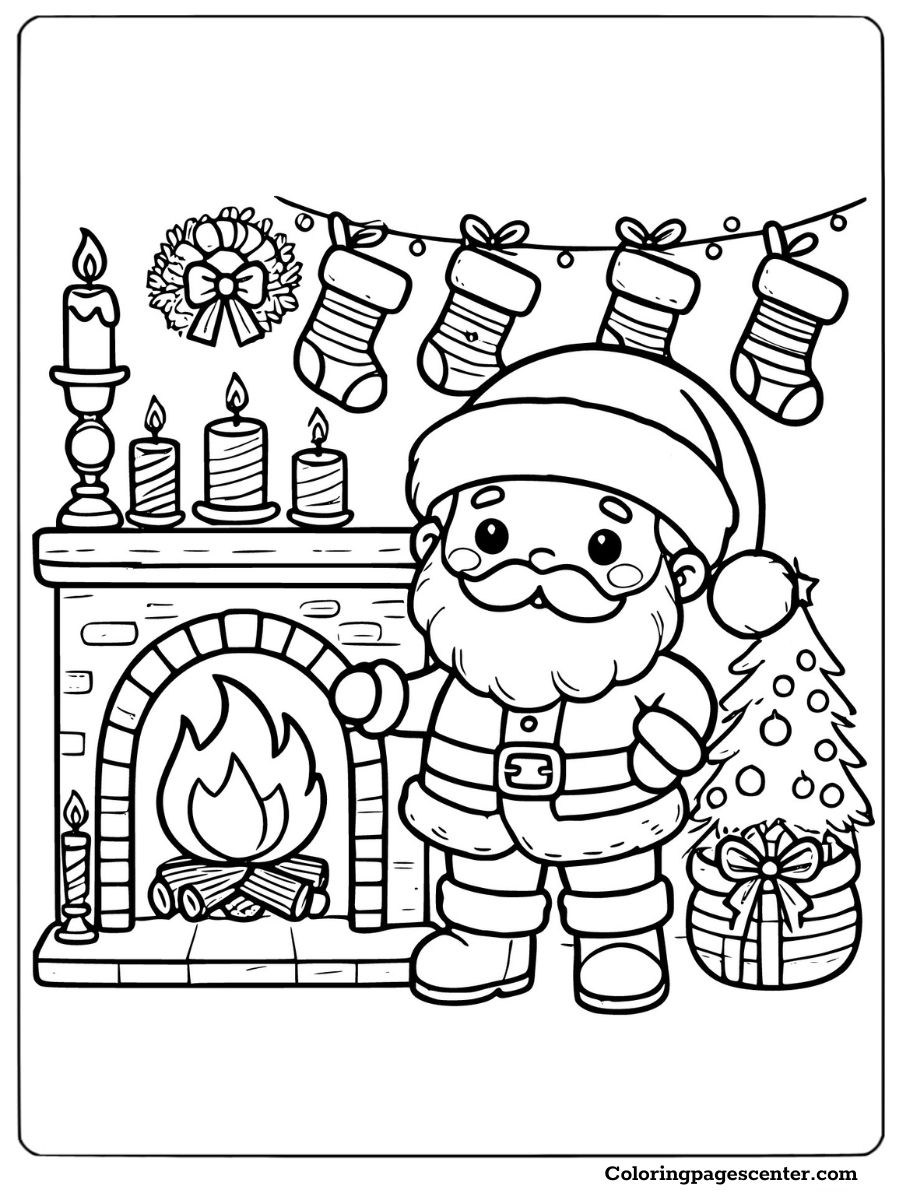 Cartoon Santa standing by a fireplace with stockings coloring page