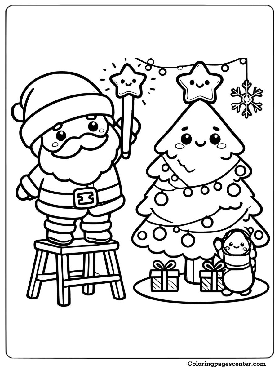 Cartoon Santa adding a star to a Christmas tree coloring page