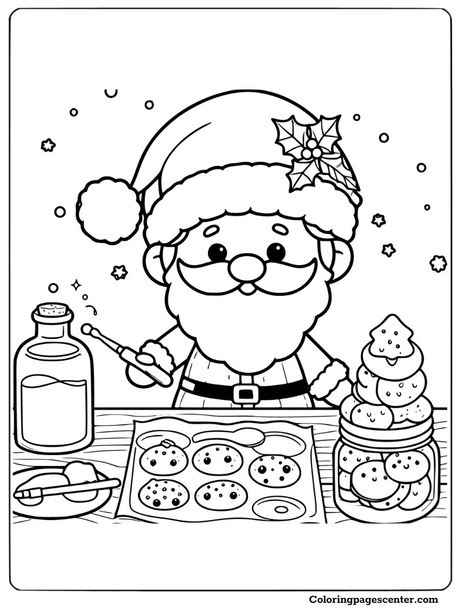 Cartoon Santa decorating cookies on a table coloring page