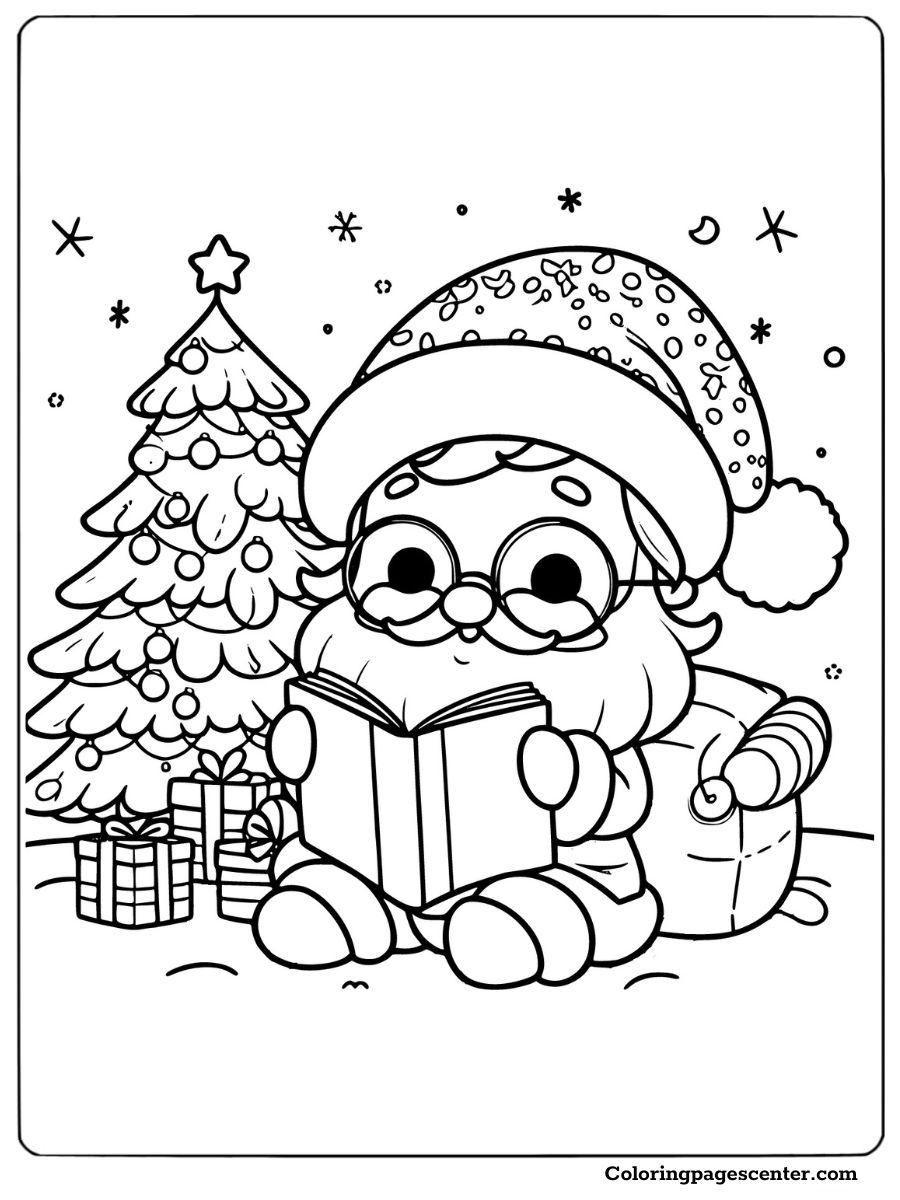 Cartoon Santa reading a book by the Christmas tree coloring page