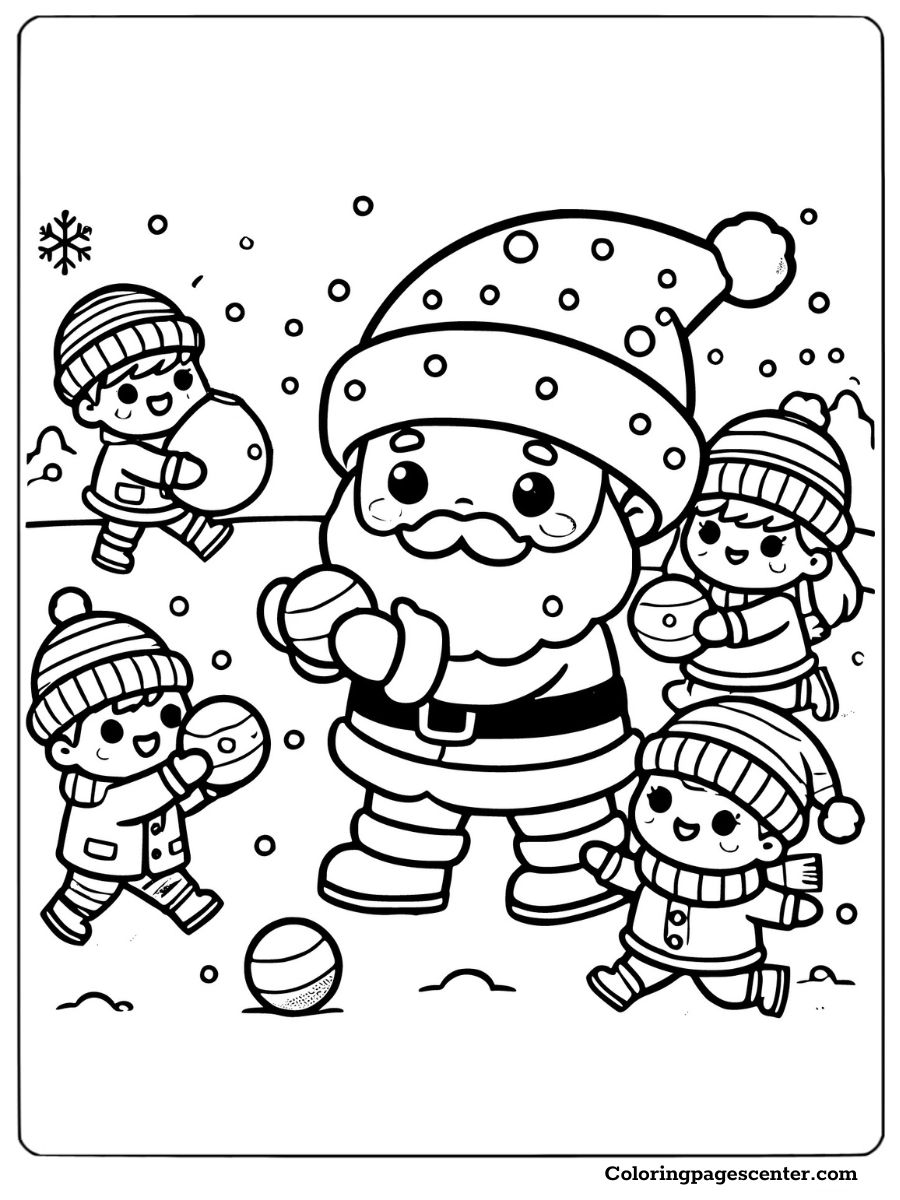 Cartoon Santa playing snowball fight with kids coloring page