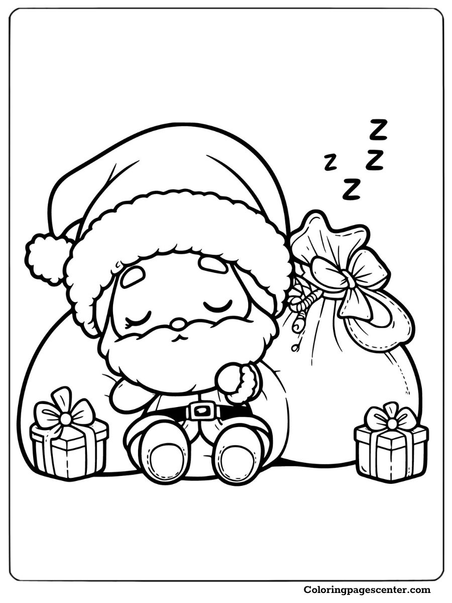 Cartoon Santa napping with gift sacks in a festive coloring page