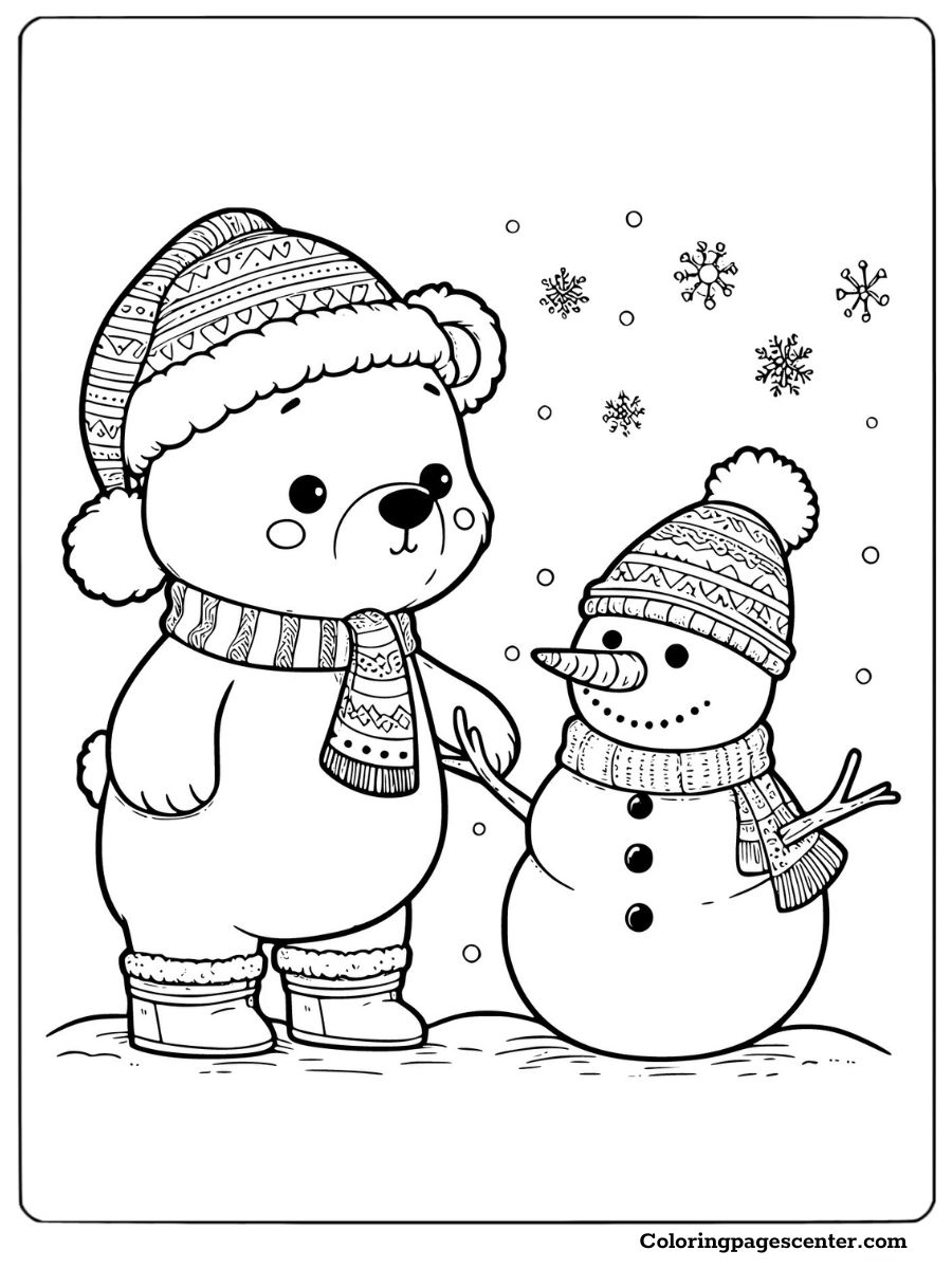 A cute bear and snowman in winter clothing coloring page