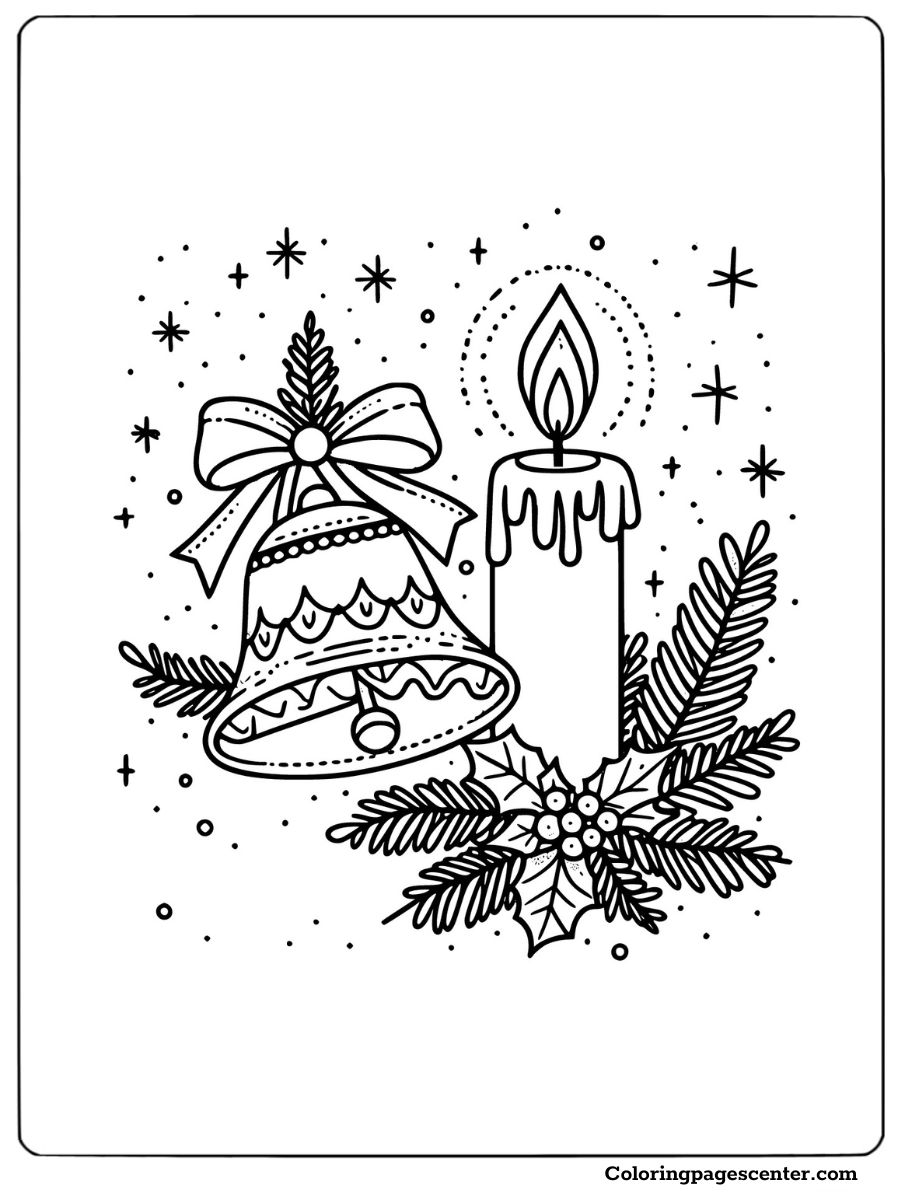 Festive Christmas bell and candle coloring page with holly