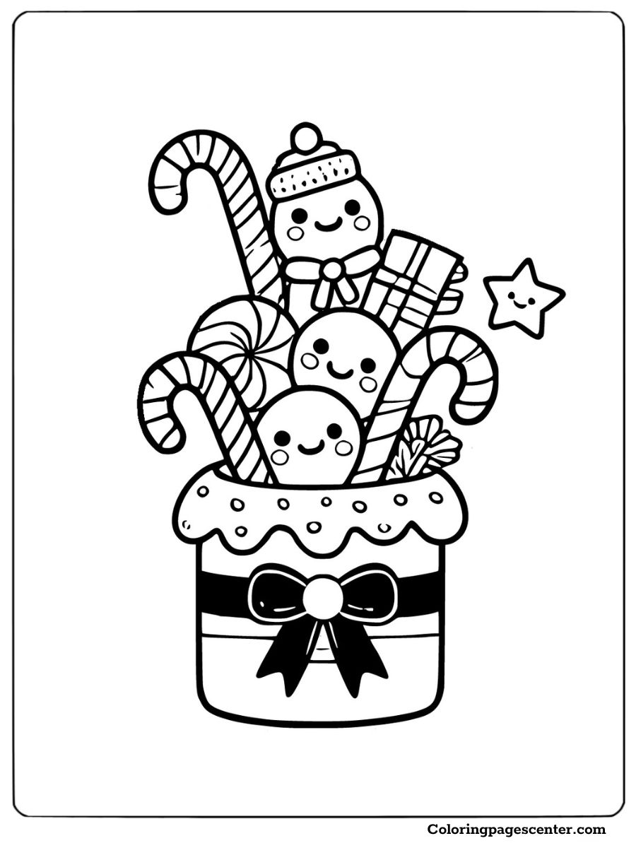 Cute bucket filled with candies and gifts coloring page