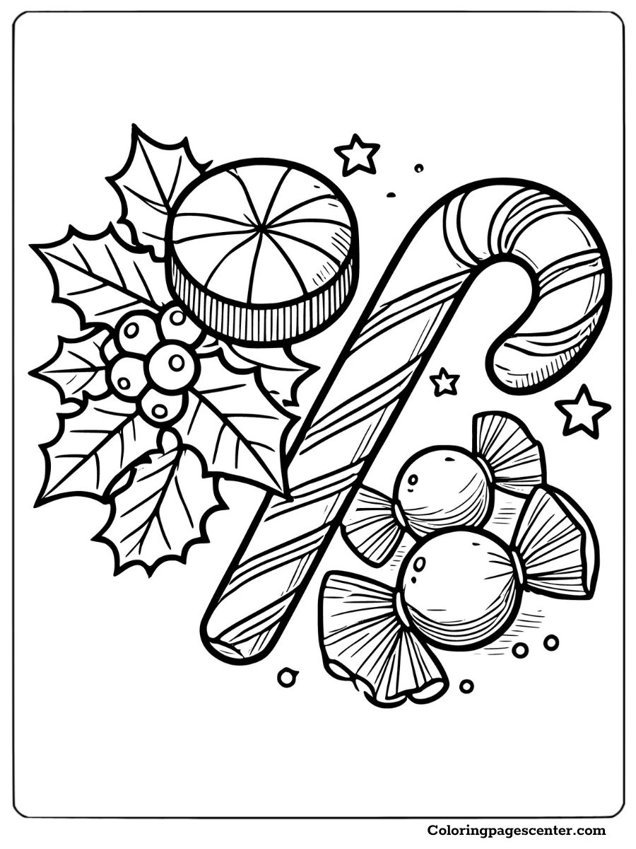 Holiday-themed coloring page with candy canes and holly leaves