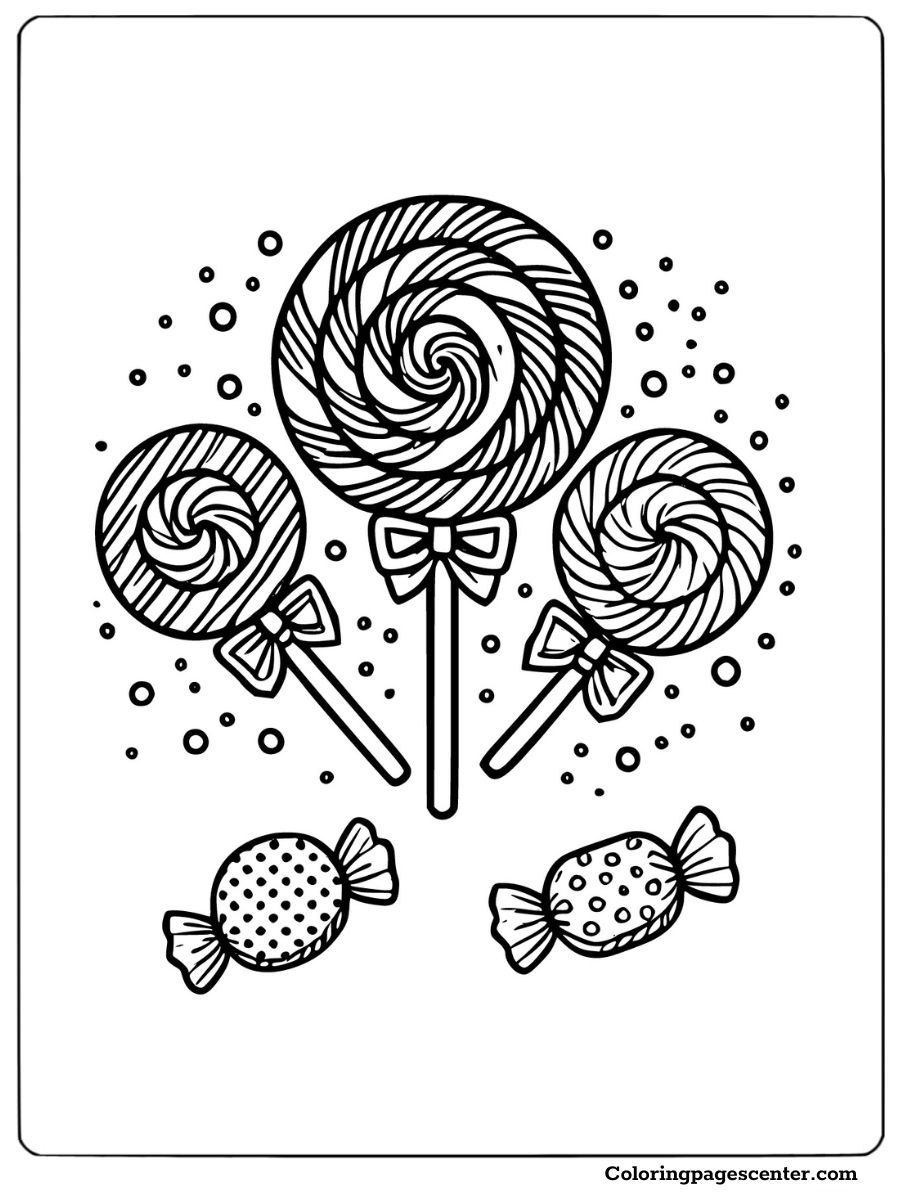 Coloring page of Christmas lollipops with bows and candies