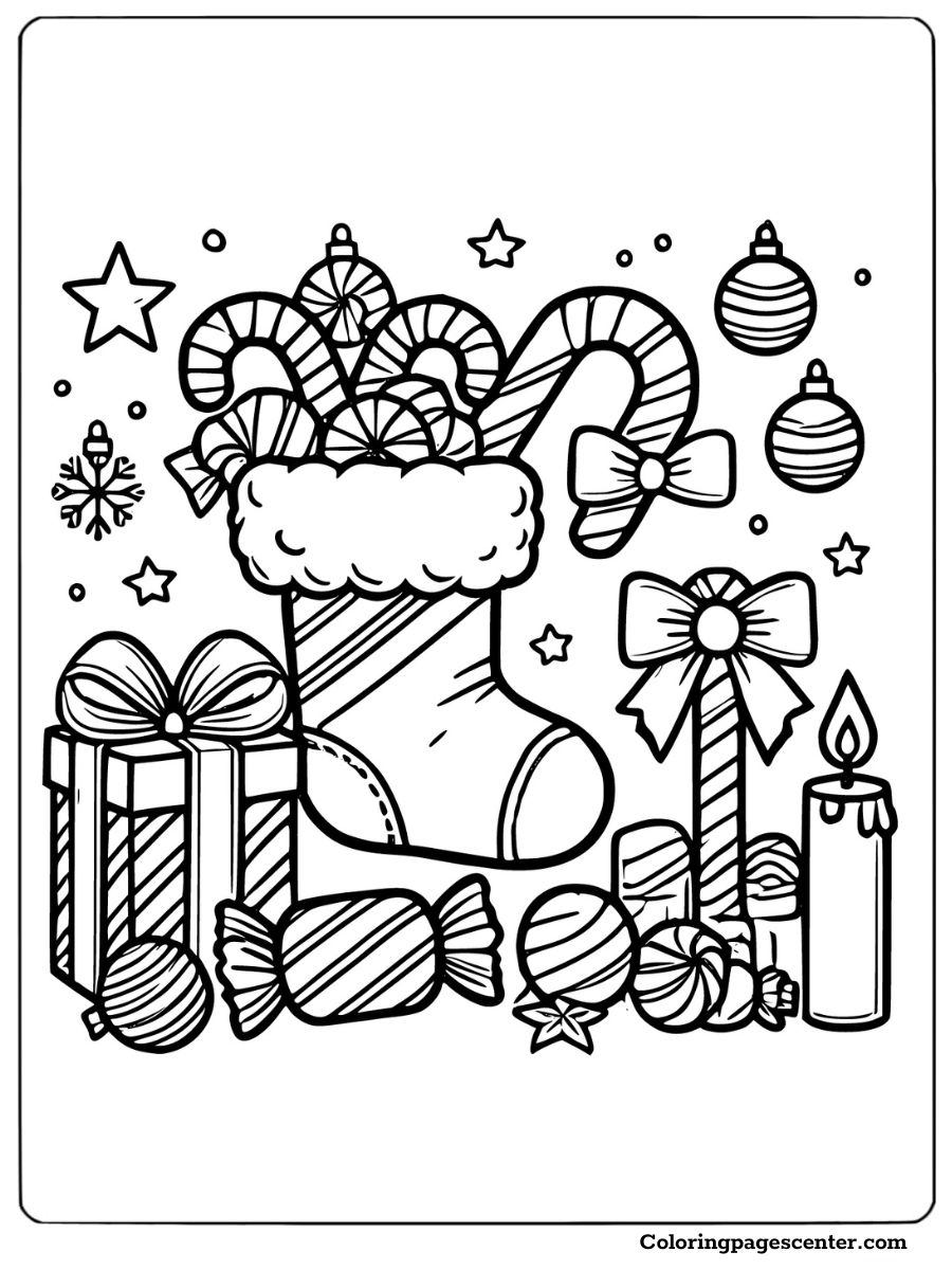 Christmas stocking with gifts, candies, and ornaments coloring page