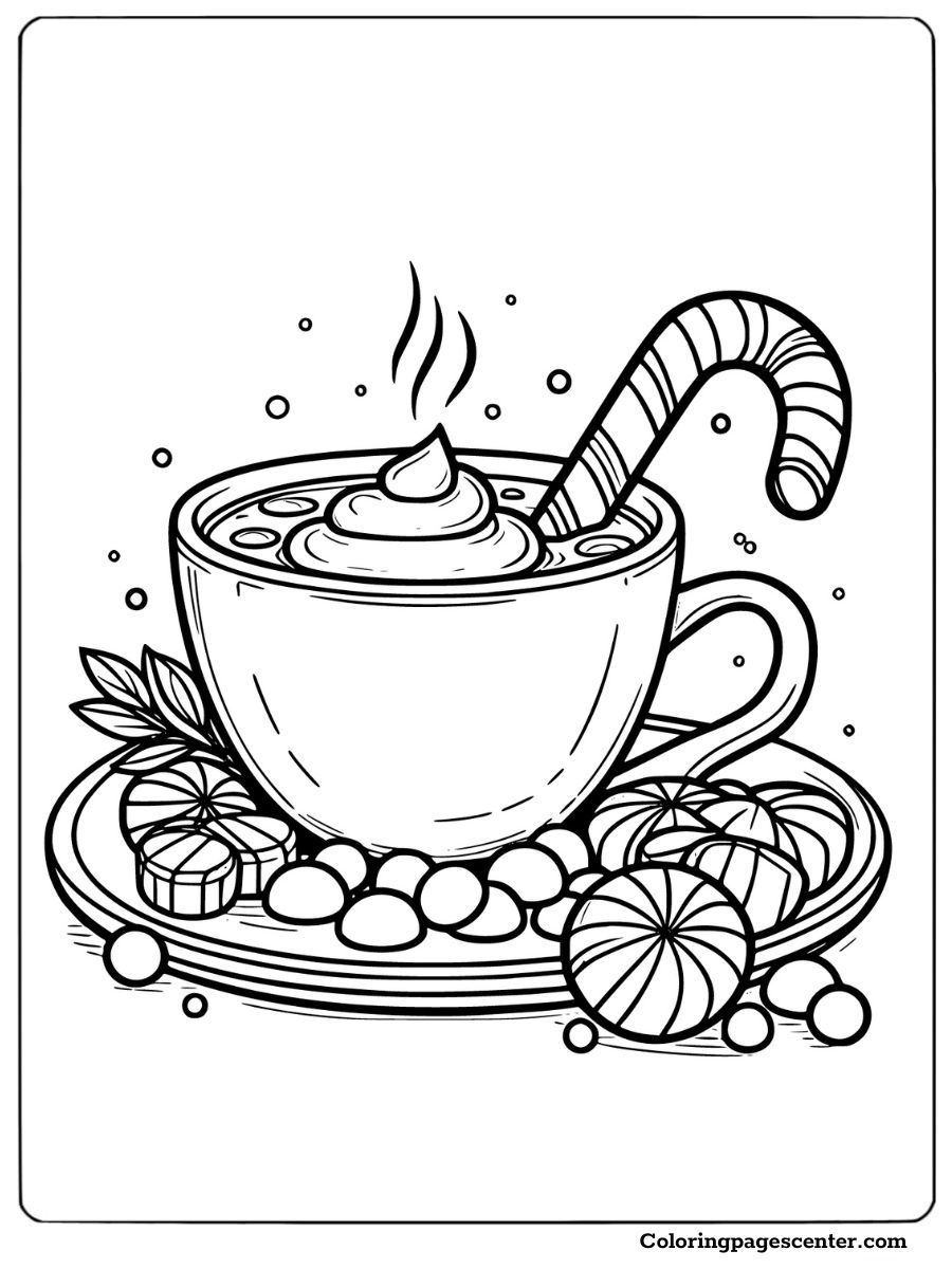 Hot chocolate with a candy cane and festive sweets coloring page