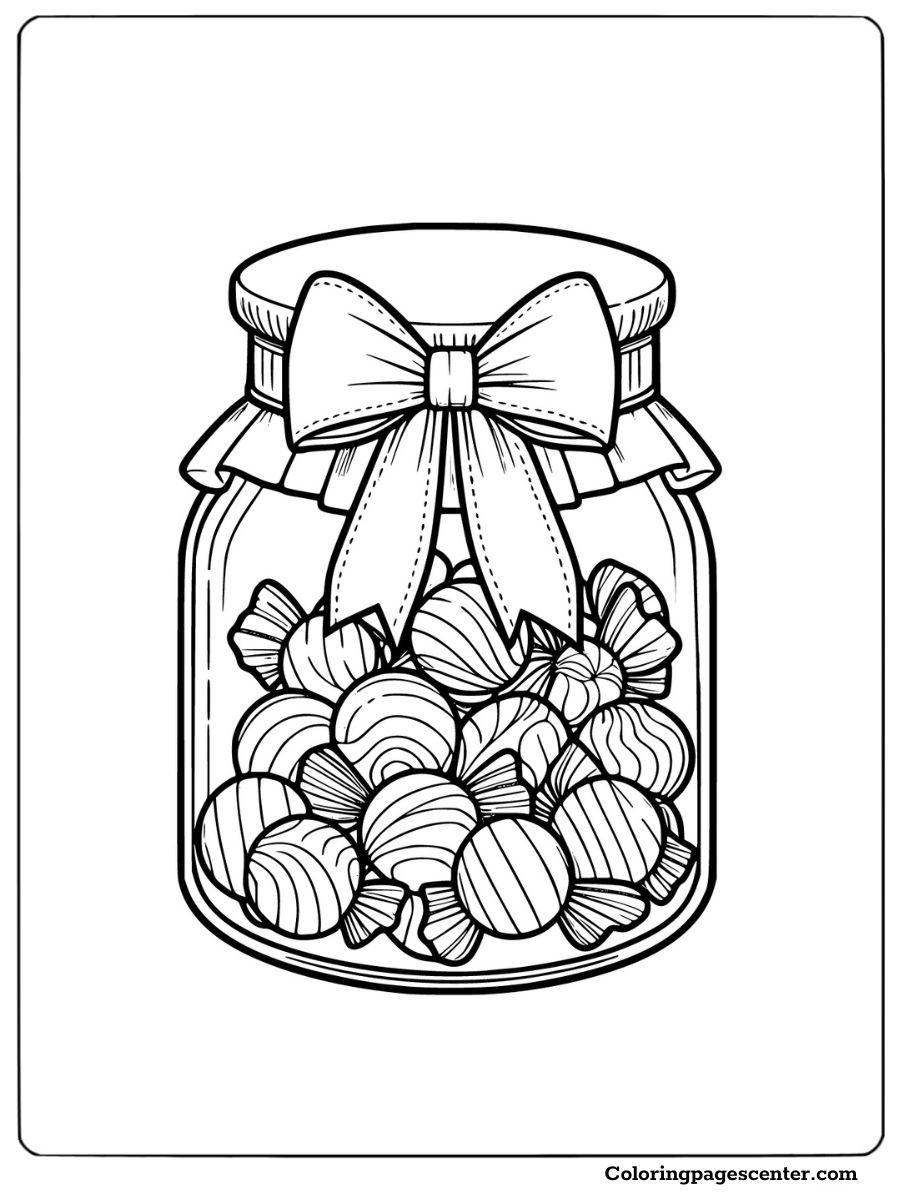 A jar full of Christmas candies with a bow coloring page