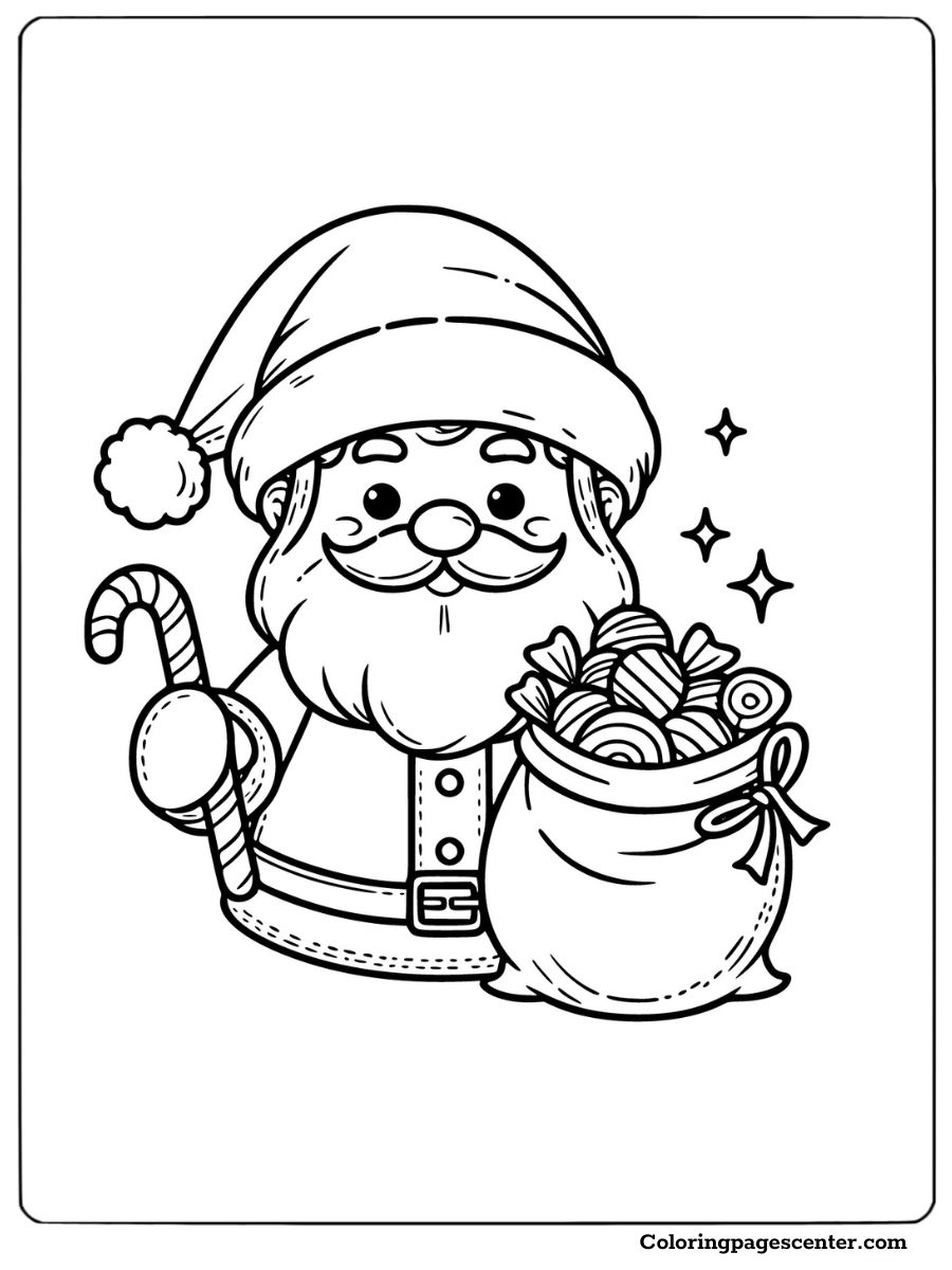 Santa holding a candy cane and a bag of treats coloring page