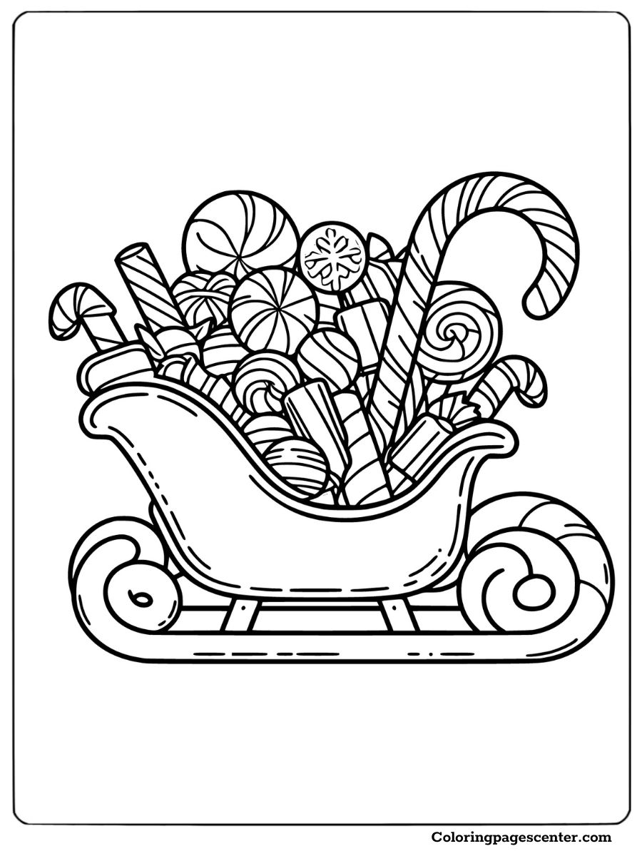 Sleigh carrying Christmas candies and candy canes coloring page