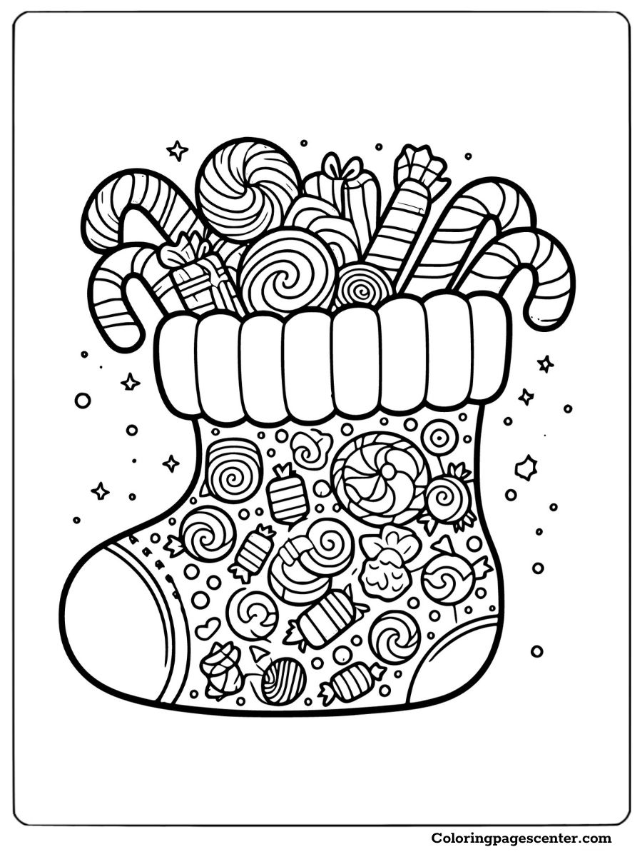 Christmas stocking packed with candies and treats coloring page